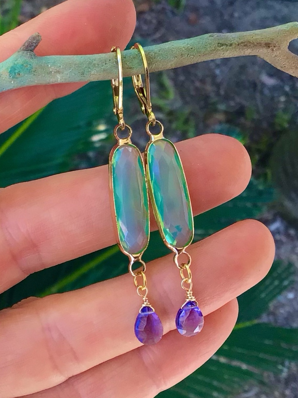 Blue mint chalcedony bezel tanzanite quartz gold plated Earrings - Picture 4 of 13